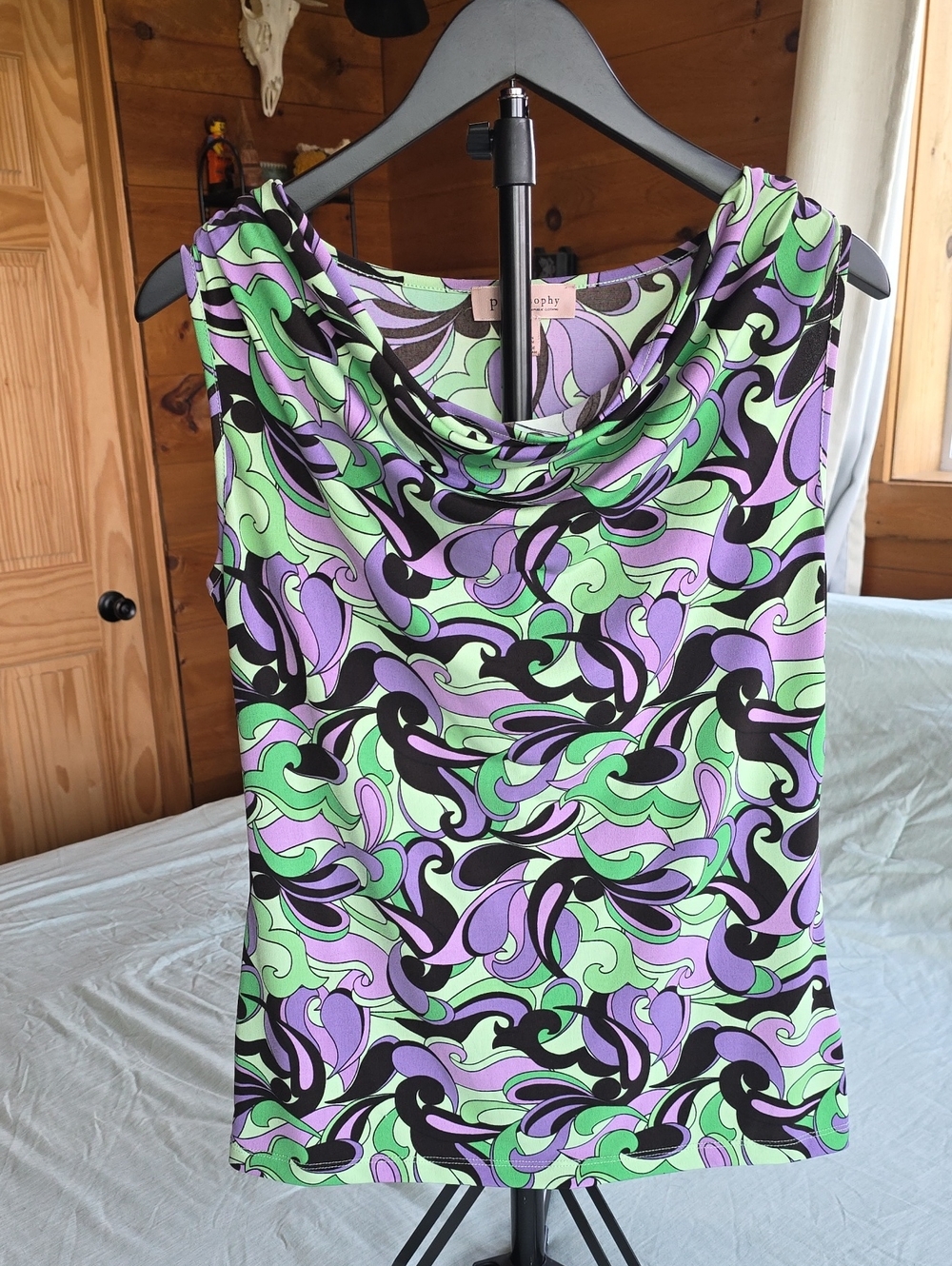 Philosophy Lavender, Mint, Green & Black Swirl Cowl-Neck Camisole